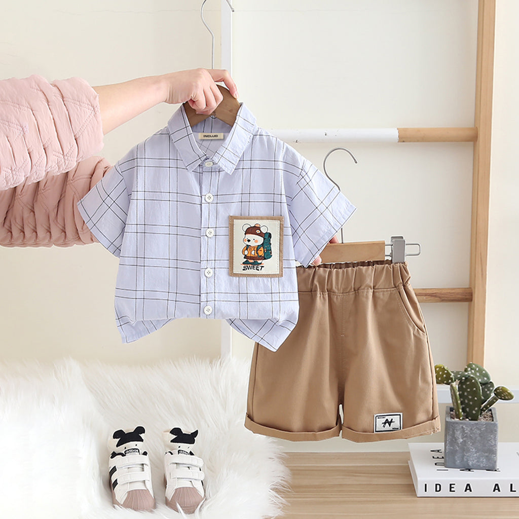 Boys Blue Checkered Short Sleeves Shirt With Shorts Set 2 pc. Sets Purple 1-2 Y