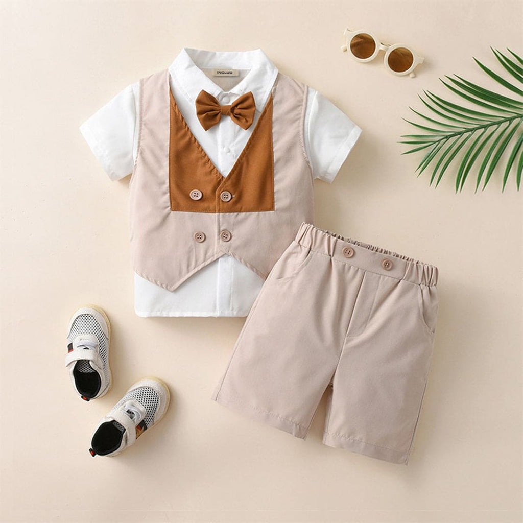 Boys Fake Waistcoat Shirt With Shorts Set Sets Beige 1-2 Y 