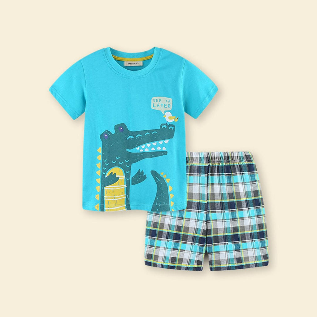 Boys Crocodile Print T-Shirt With Checkered Shorts Set Sets Blue 1-2 Y 