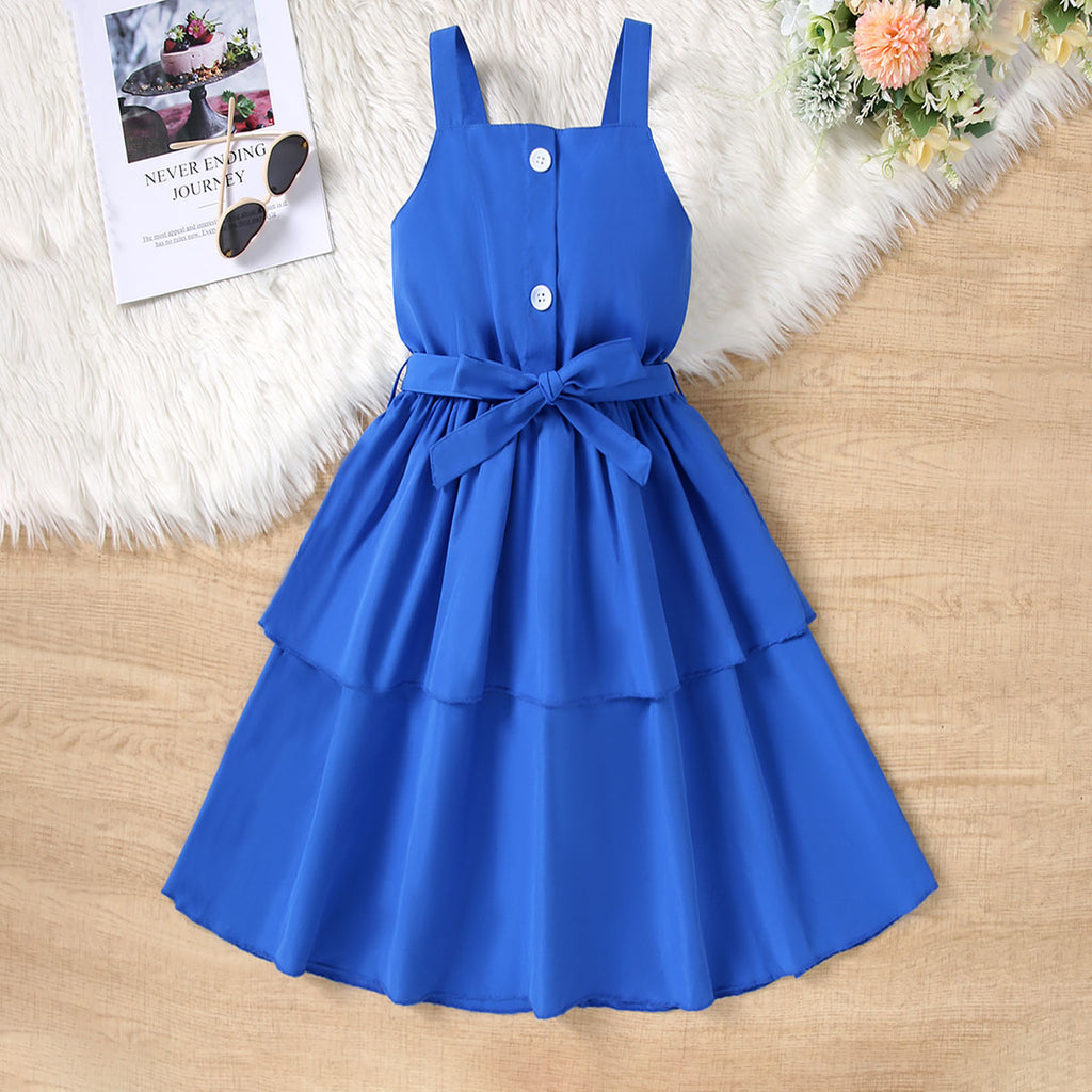 Girls Blue Sleeveless Shoulder Strap Ruffles Dress Casual Dresses Blue 7-8 Y
