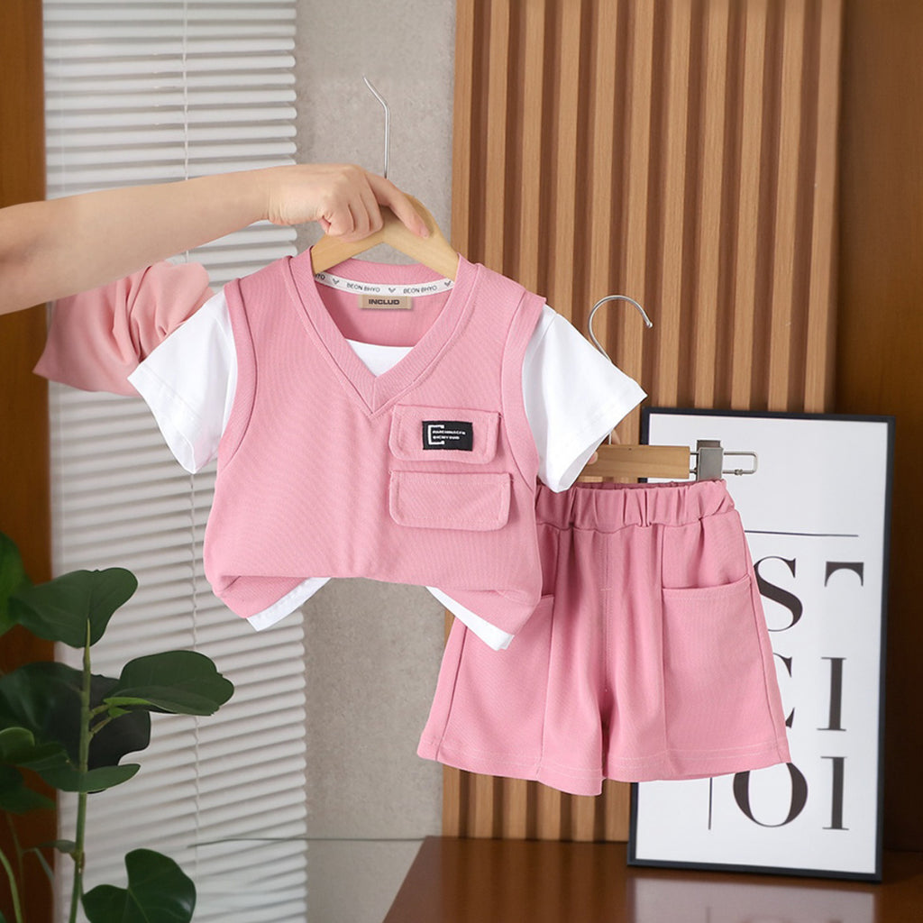 Boys Pink V-Neck Short Sleeve T-Shirt With Elasticated Shorts Set Sets Pink 1-2 Y
