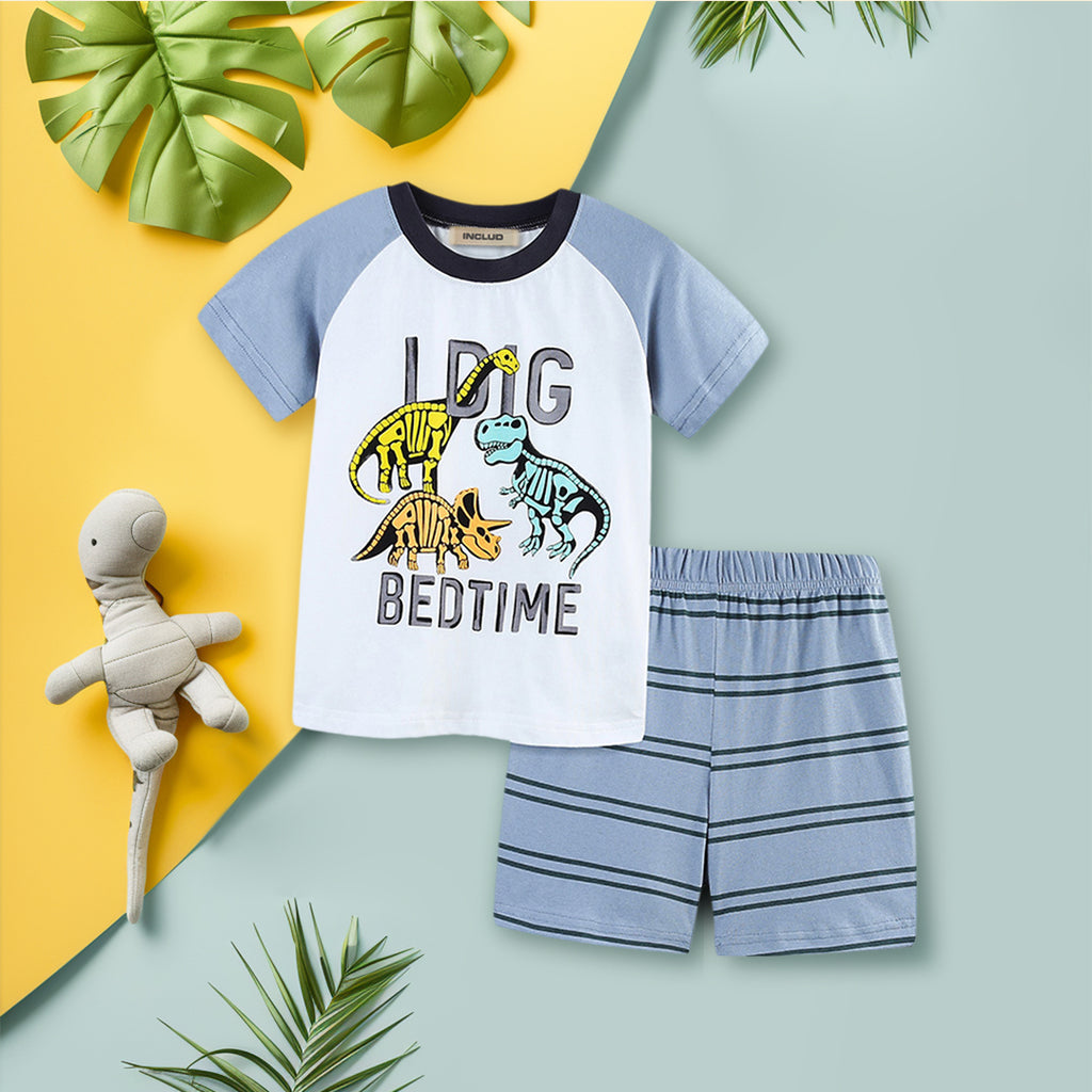 Boys Graphic Print T-Shirt With Striped Shorts Set Sets Grey 1-2 Y 