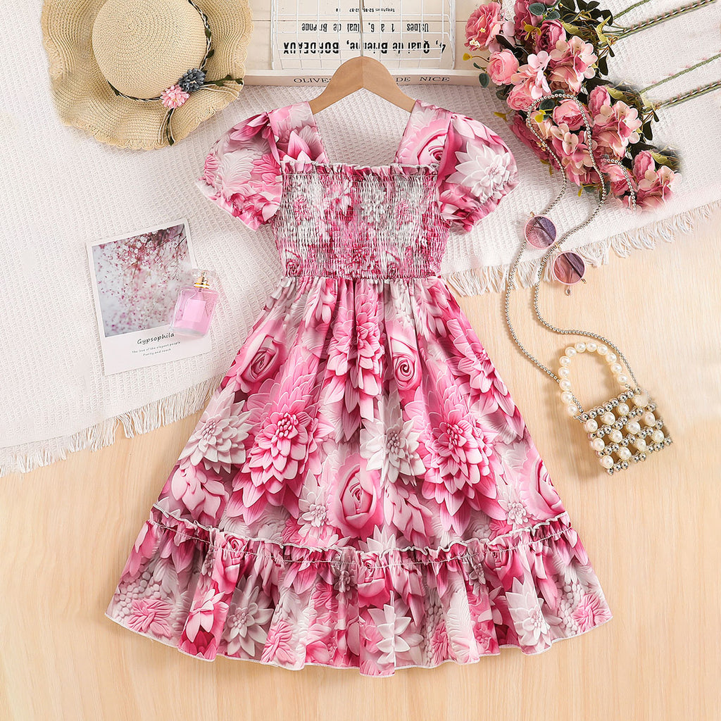 Girls Pink Floral Print Smocked Casual Midi Dress Casual Dresses