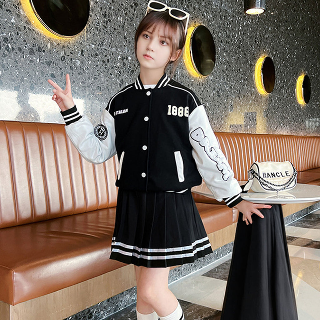 Girls White Alphanumeric Printed Varsity Jacket With Pleated Skirt Sets 2 pc. Sets White 5-6 Y