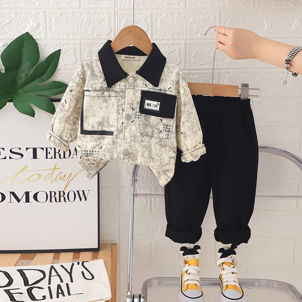Boys Beige Abstract Printed Shacket With Pants Set 2 pc. Sets Beige 1-2 Y
