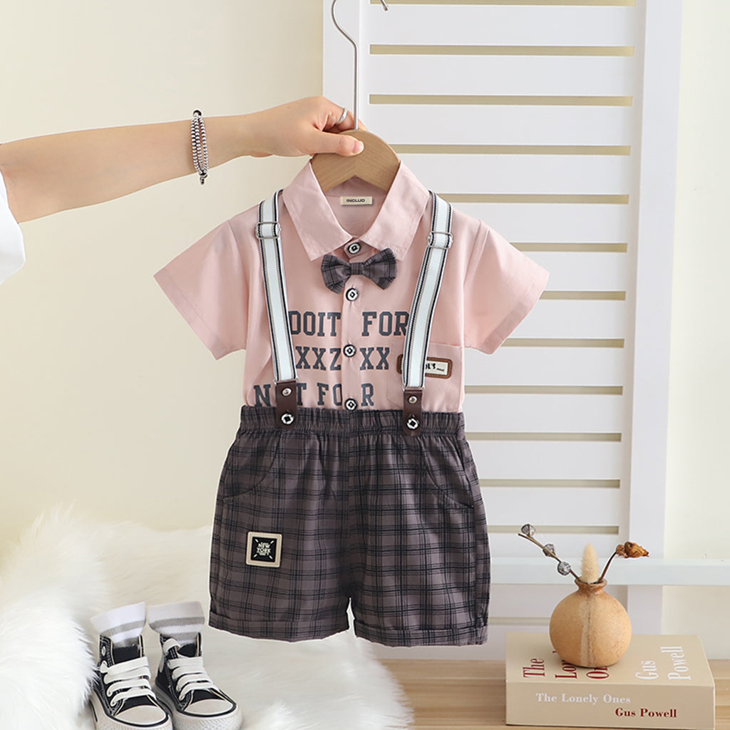 Boys Pink Printed Short Sleeves Shirt With Checked Suspenders Shorts Set Sets Pink 1-2 Y