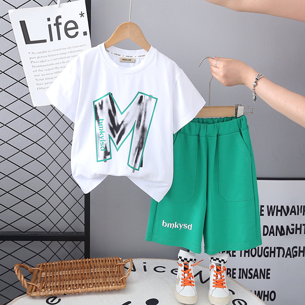 Boys White Typographic Printed Short Sleeves T-Shirt With Bottle Green Shorts Set 2 pc. Sets White 2-3 Y