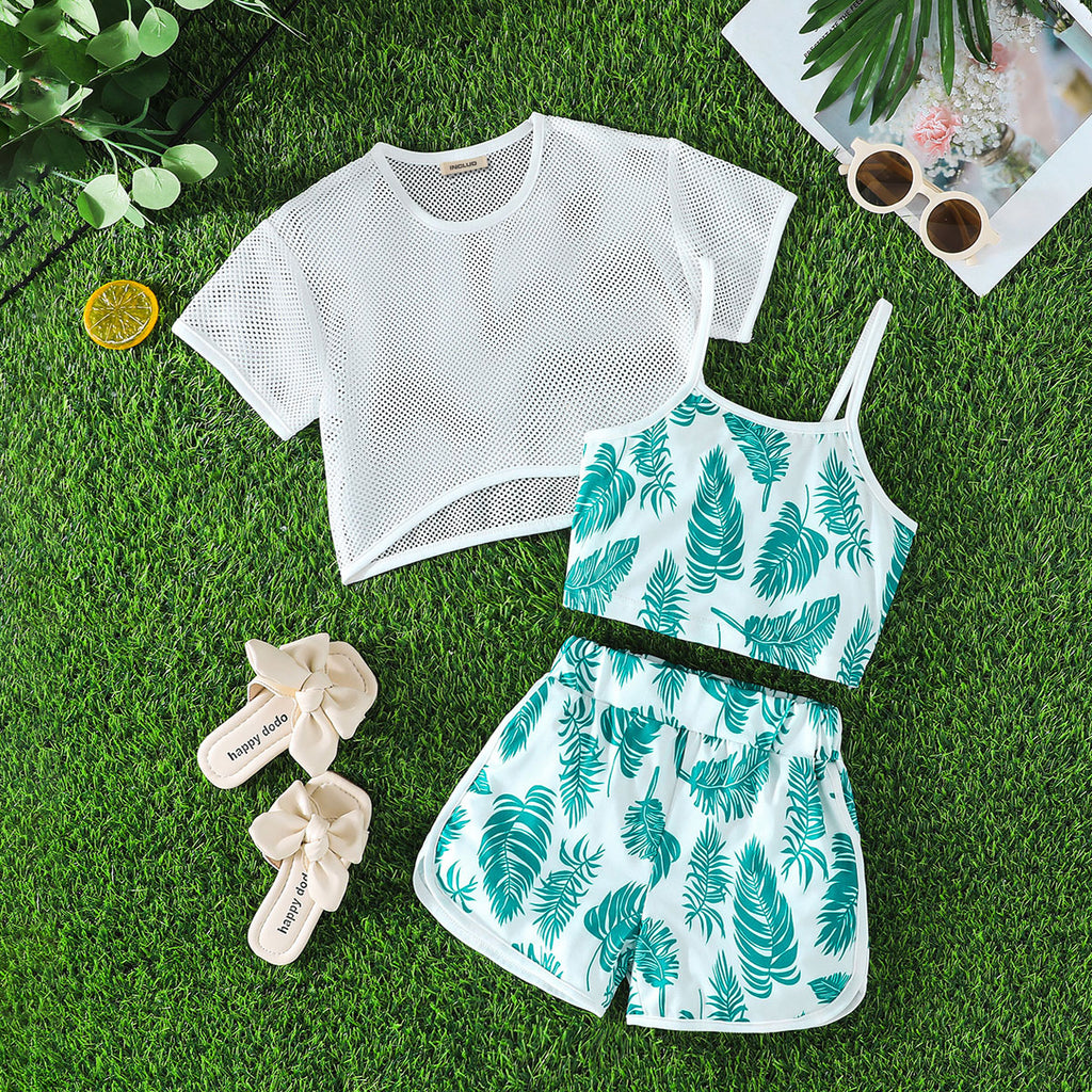 Girls White Tulle Top With Printed Camisole Top And Shorts Set 3 pc. Sets White 3-4 Y