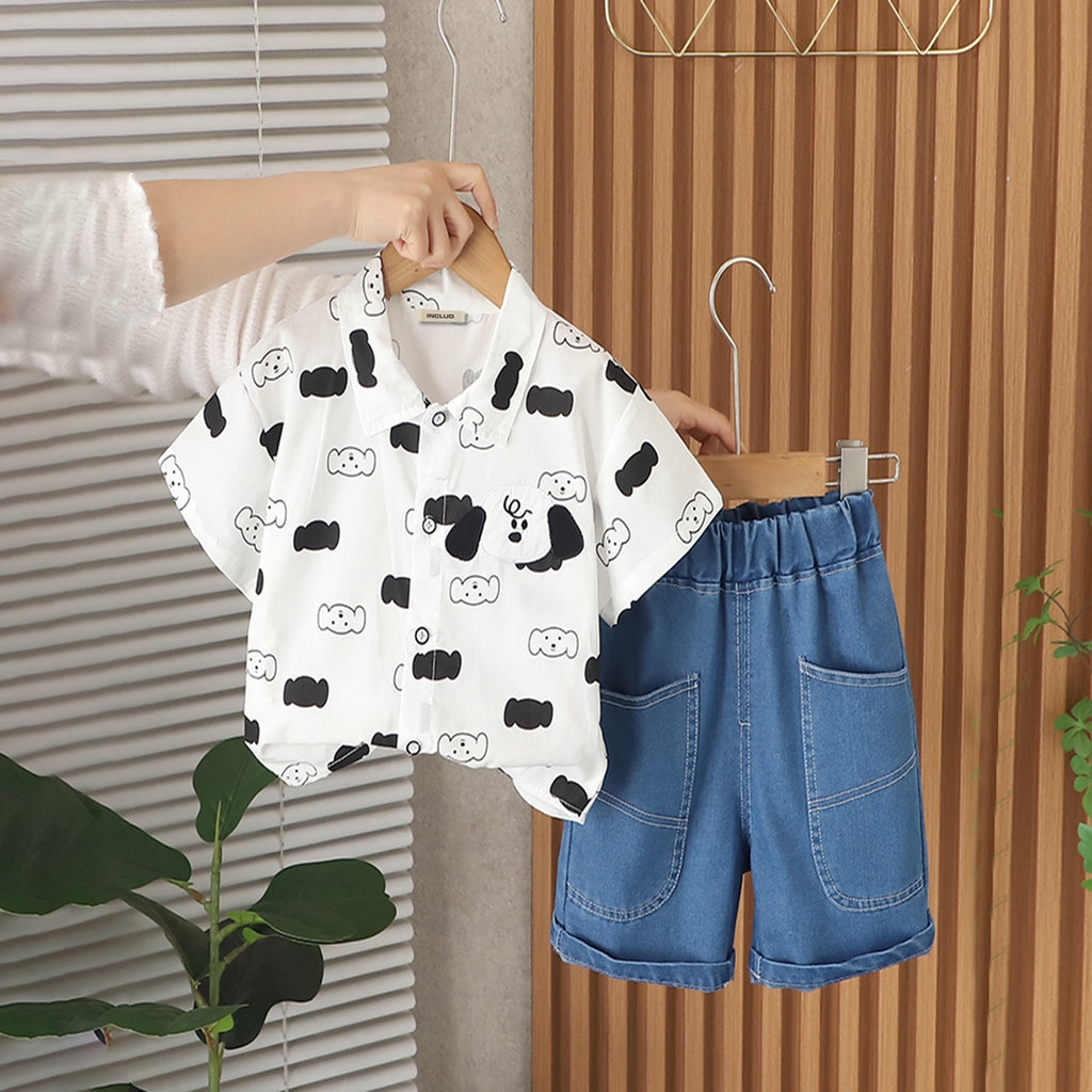 Boys Black Printed Short Sleeves Shirt With Denim Shorts Set 2 pc. Sets Black 1-2 Y