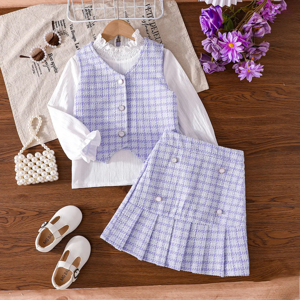Girls Purple Checked Vest With Long Sleeves Top & Skirt Sets Sets
