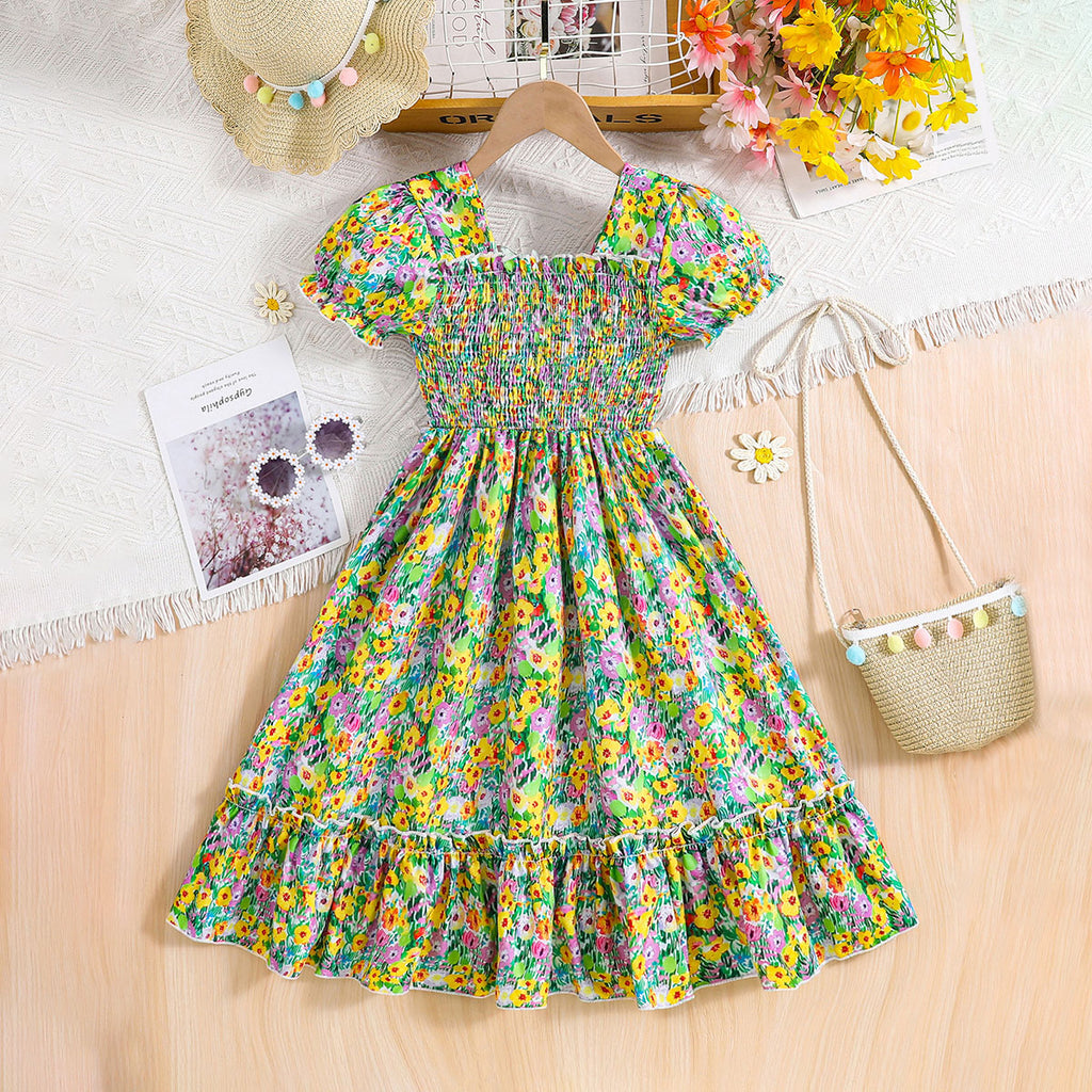 Girls Yellow Floral Print Smocked Casual Midi Dress Casual Dresses