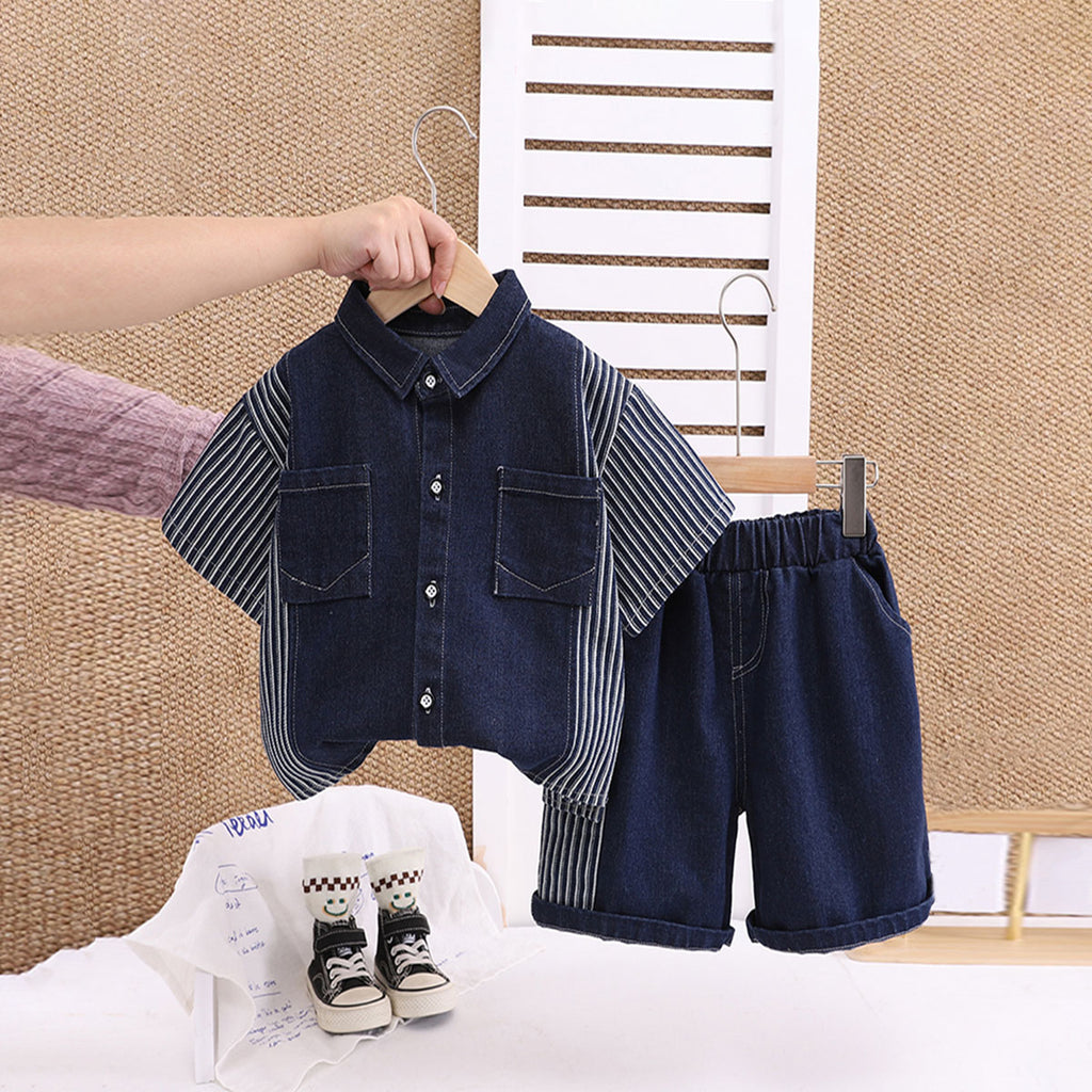 Boys Dark Blue Striped Denim Shirt And Shorts set 2 pc. Sets Dark Blue 1-2 Y