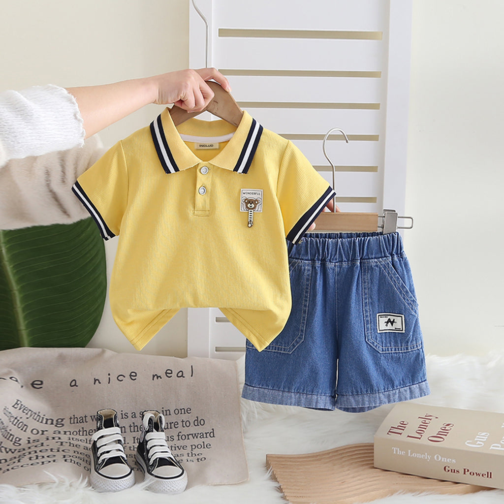 Boys Yellow Striped Collar Short Sleeves Polo T-Shirt With Denim Shorts Set 2 pc. Sets Yellow 1-2 Y