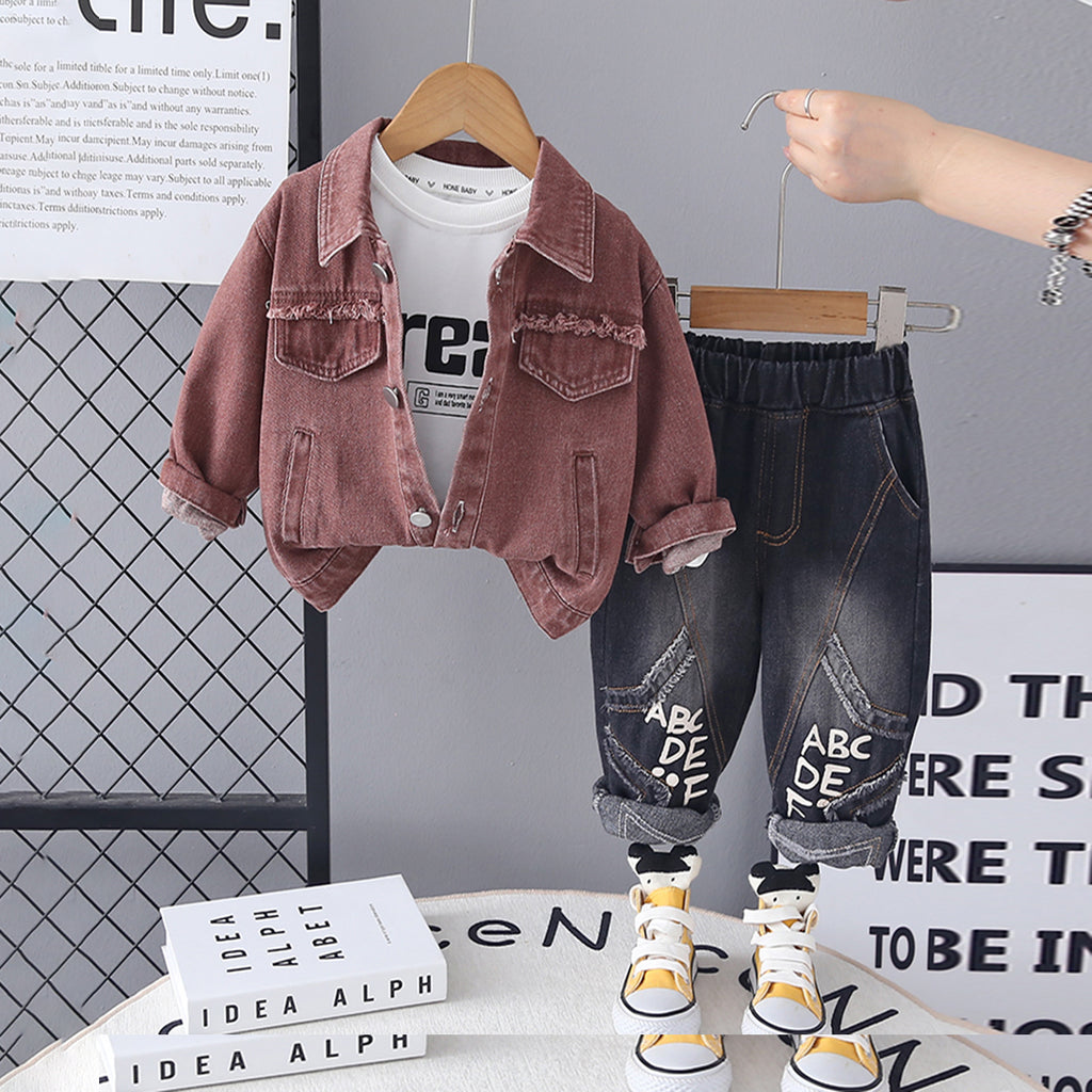 Boys Brown Solid Denim Jacket With Printed T-Shirt & Denim Pants Set Sets Brown 1-2 Y