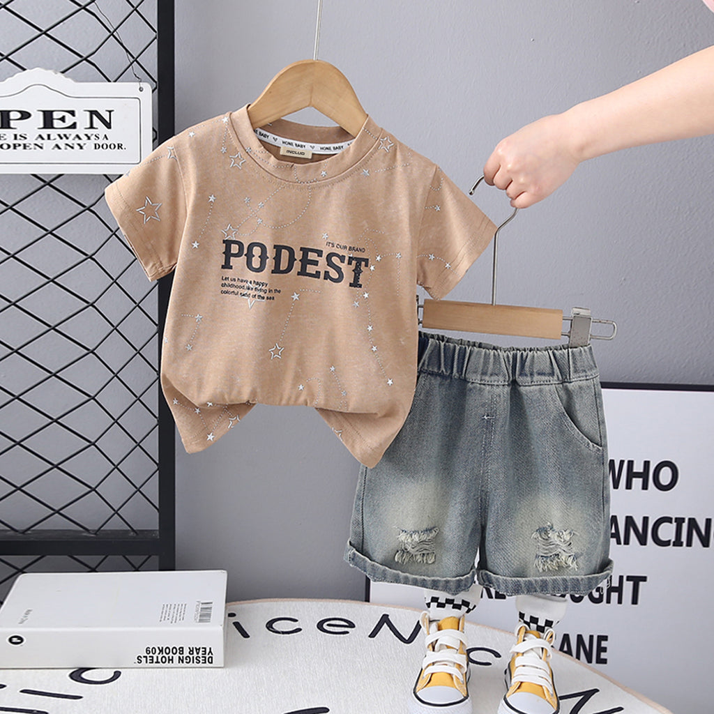 Boys Brown Star Print Short Sleeve T-Shirt With Denim Shorts Set 2 pc. Sets Brown 1-2 Y