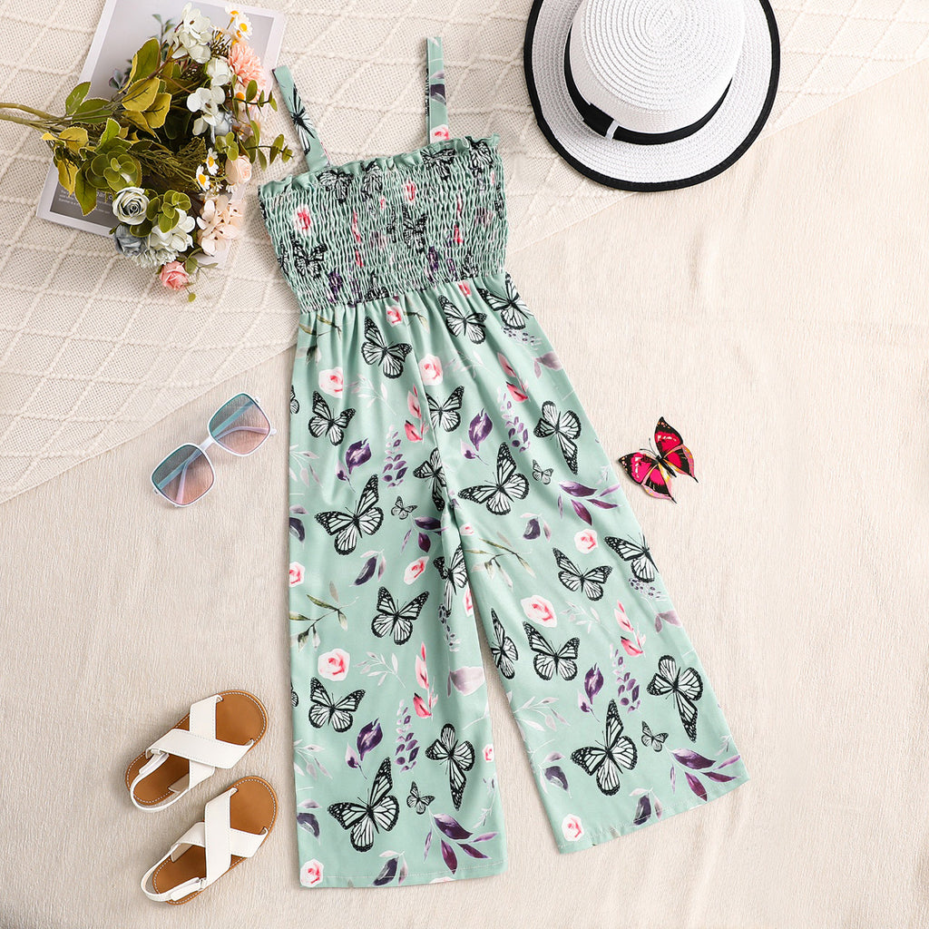 Girls Green Butterfly Printed Smocked Sleeveless Jumpsuit Jumpsuits Green 3-4 Y