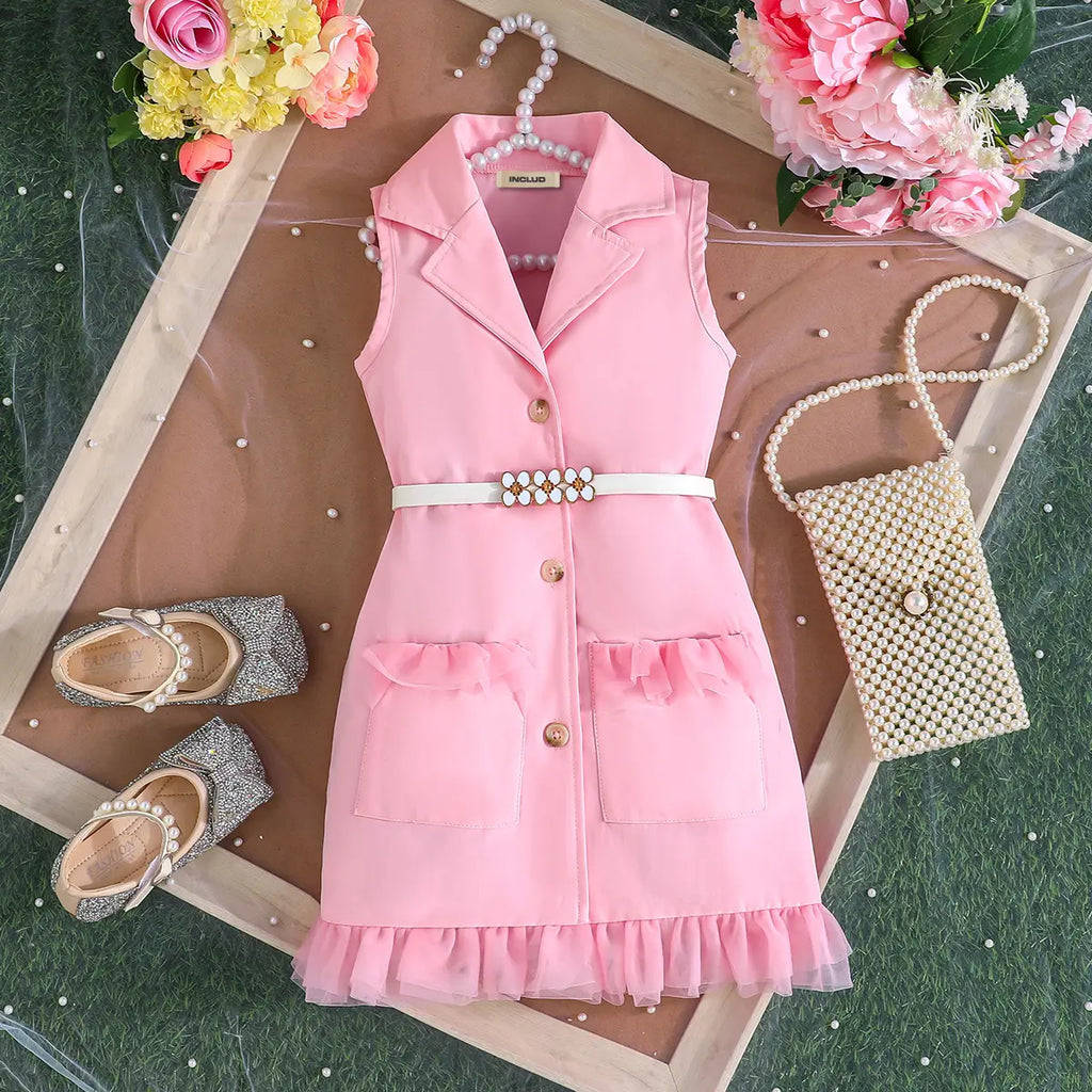 Girls Pink Sleeveless Blazer Dresses With Tulle Ruffles Hem Casual Dresses Pink 2-3 Y