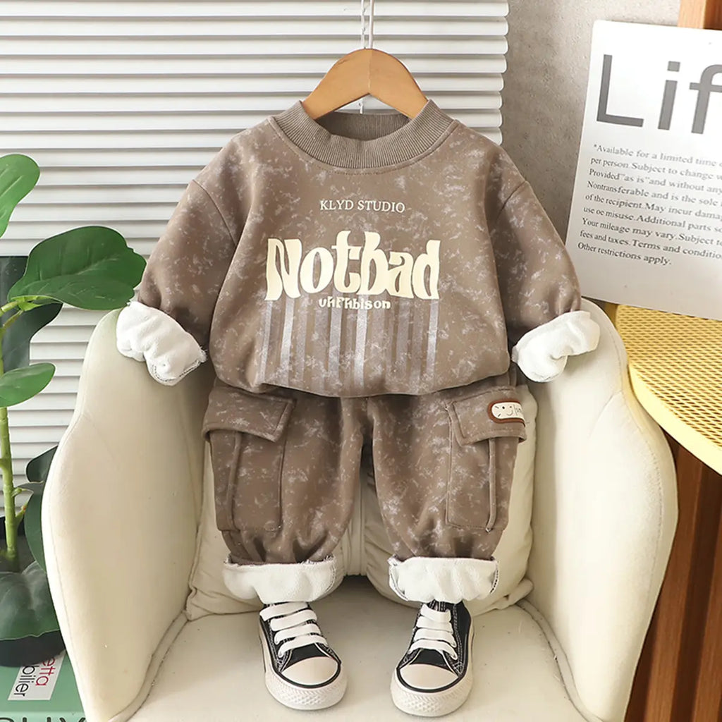 Boys Khaki Typographic Regular Sweatshirt With Pants Sets 2 pc. Sets Khaki 1-2 Y