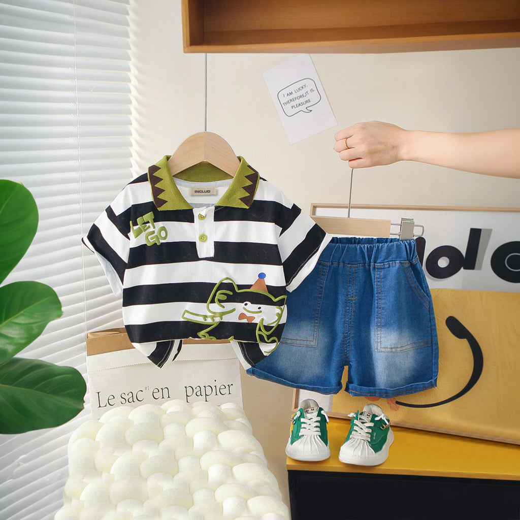 Boys Black Striped Cartoon Graphic Polo T-Shirt With Denim Shorts Set 2 pc. Sets Black 1-2 Y