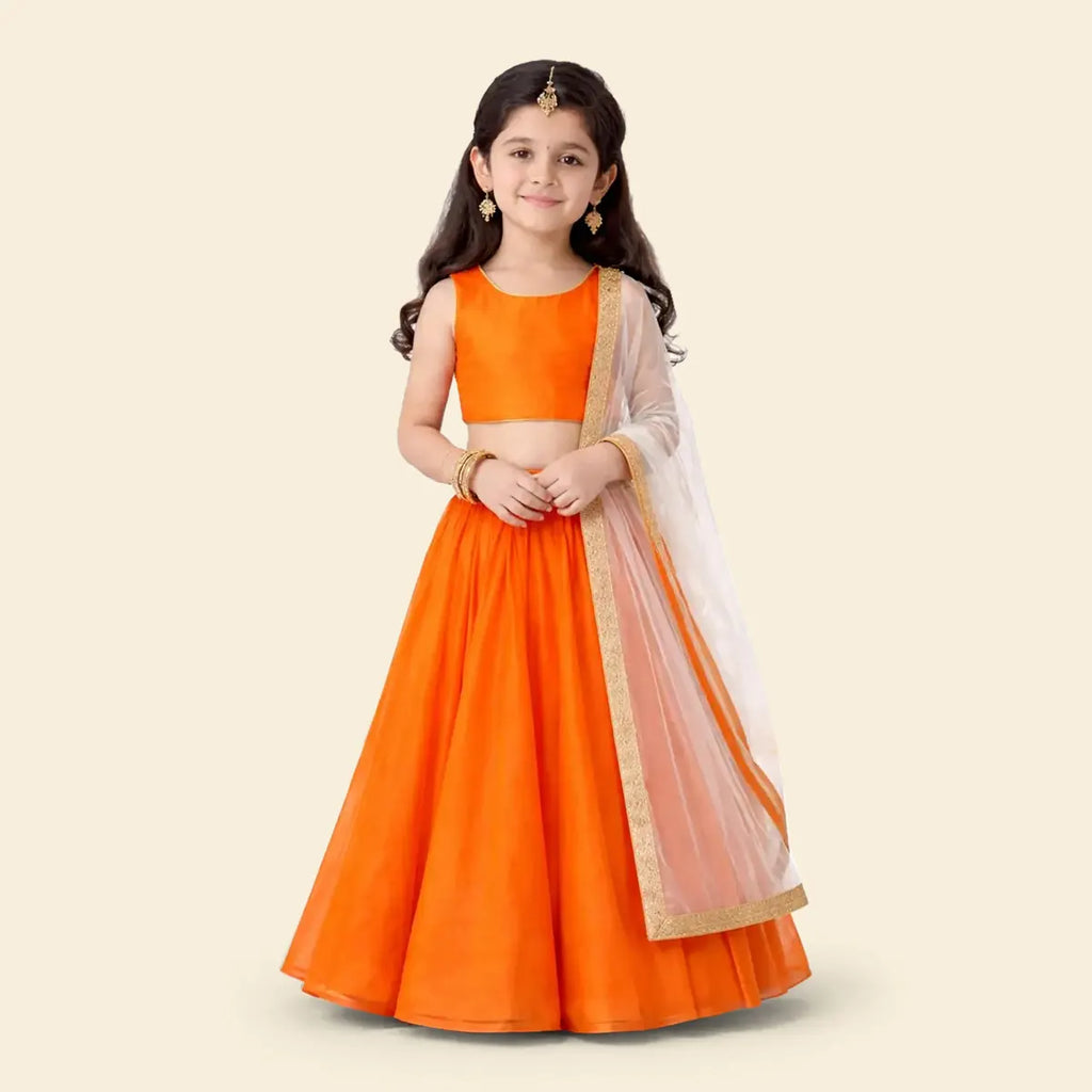 Girls Orange Lehenga Choli Set with Dupatta, Traditional Indian Ethnic Wear Ethnicwear Girls Orange 1-2 Y