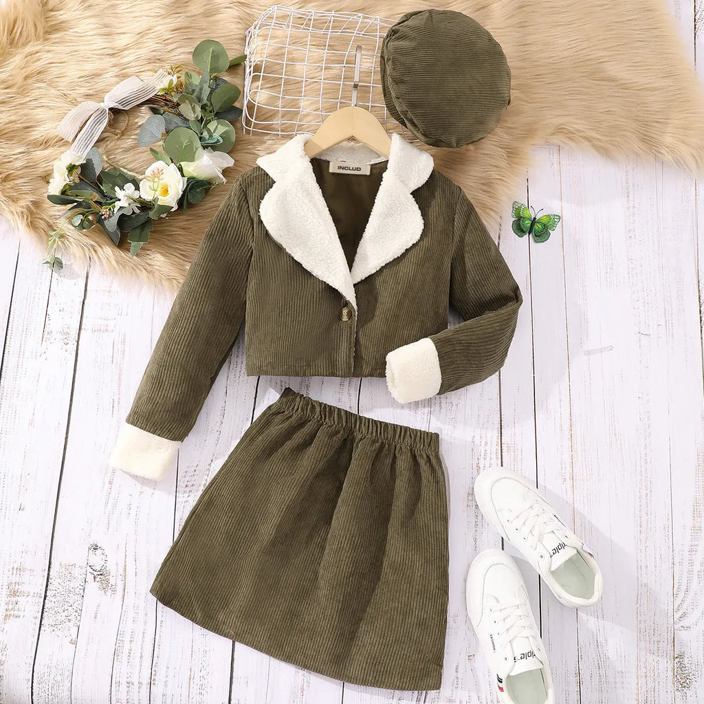 Girls Green Solid Lapel Collar Crop Jacket With Beret Hat & Skirt Sets Sets Green 7-8 Y