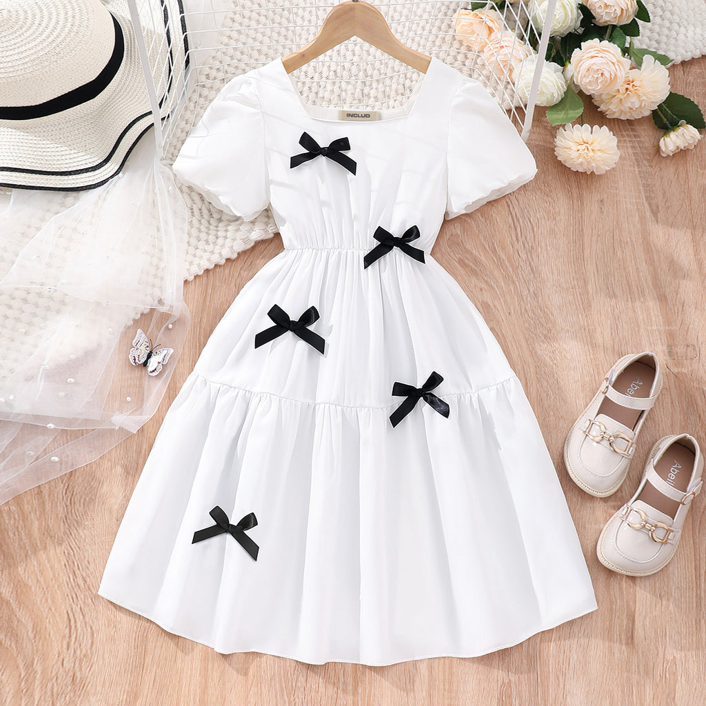 Girls off White Bow Applique Short Sleeves Dress Casual Dresses Off White 7-8 Y