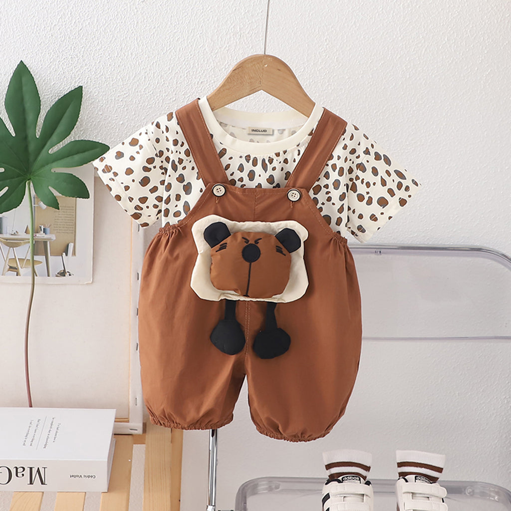 Boys Animal Printe T-Shirt With Brown 3D Appliqued Dungaree Set 2 pc. Sets Brown 1-2 Y