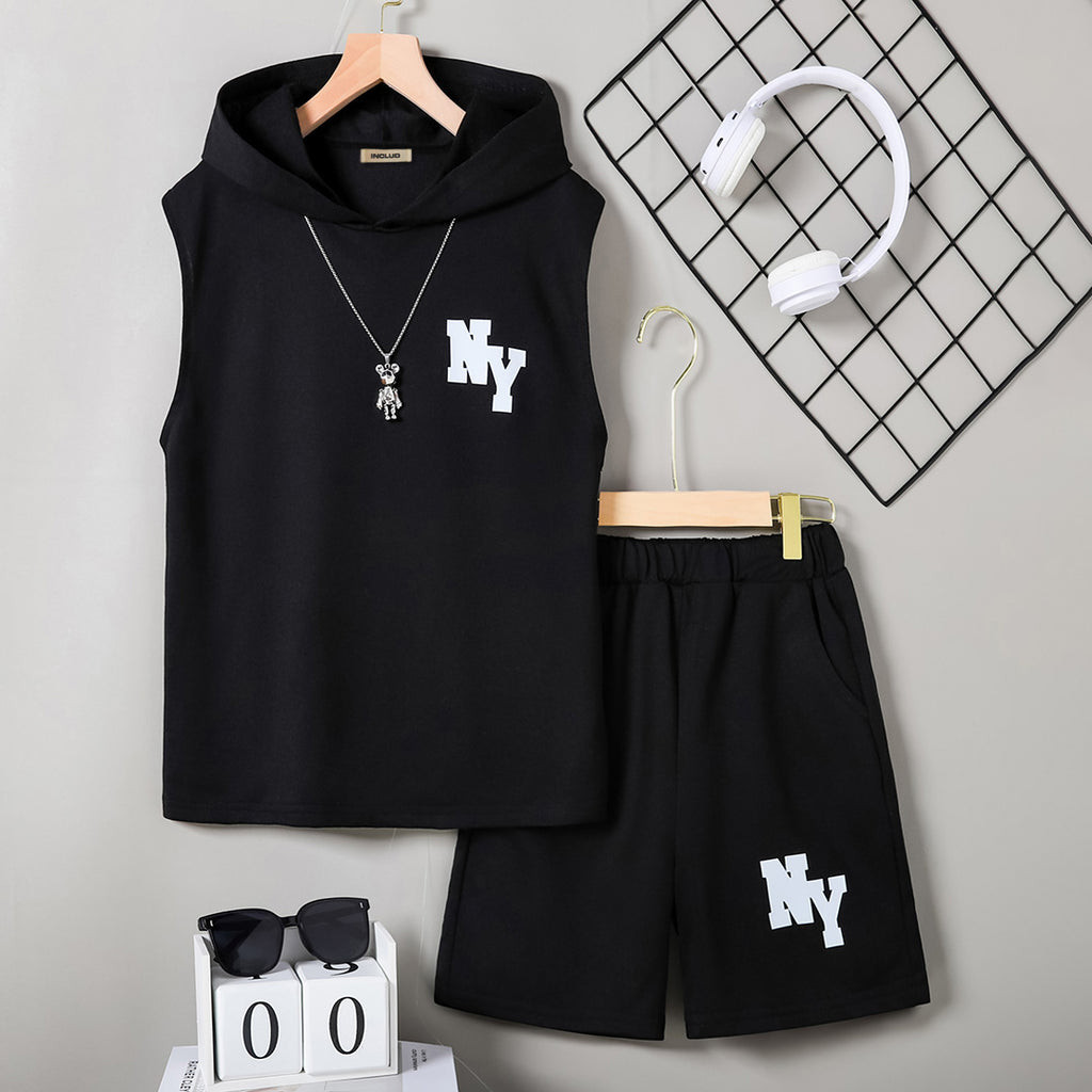 Boys Black Sleeveless Hooded Printed T-Shirt With Shorts Set 2 pc. Sets Black 5-6 Y