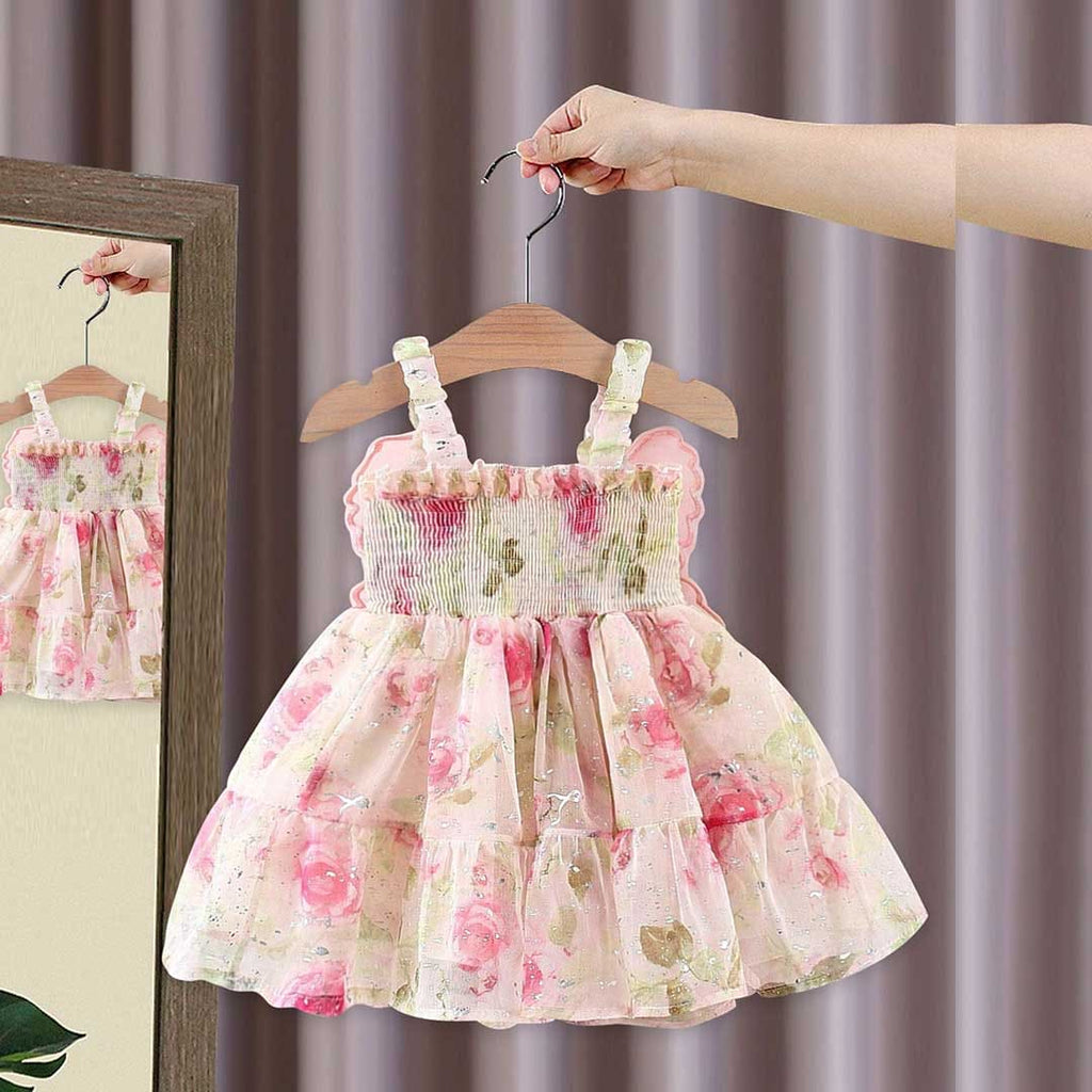 Girls Floral Print Butterfly Applique Fit & Flare Dress Casual Dresses Pink 1-2 Y 