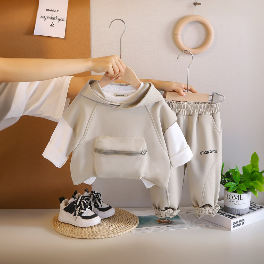 Boys Beige Typographic Printed Sleeveless Hooded Jacket With T-Shirt and Jogger Set Sets Beige 1-2 Y