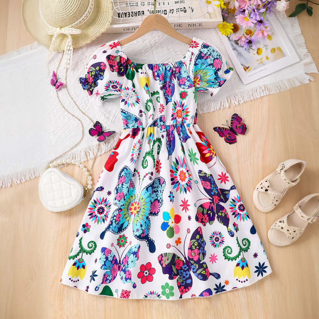 Girls Multi Butterfly Printed Puff Sleeves Scoop Neck Fit & Flare Casual Dress Casual Dresses Multicolor 3-4 Y