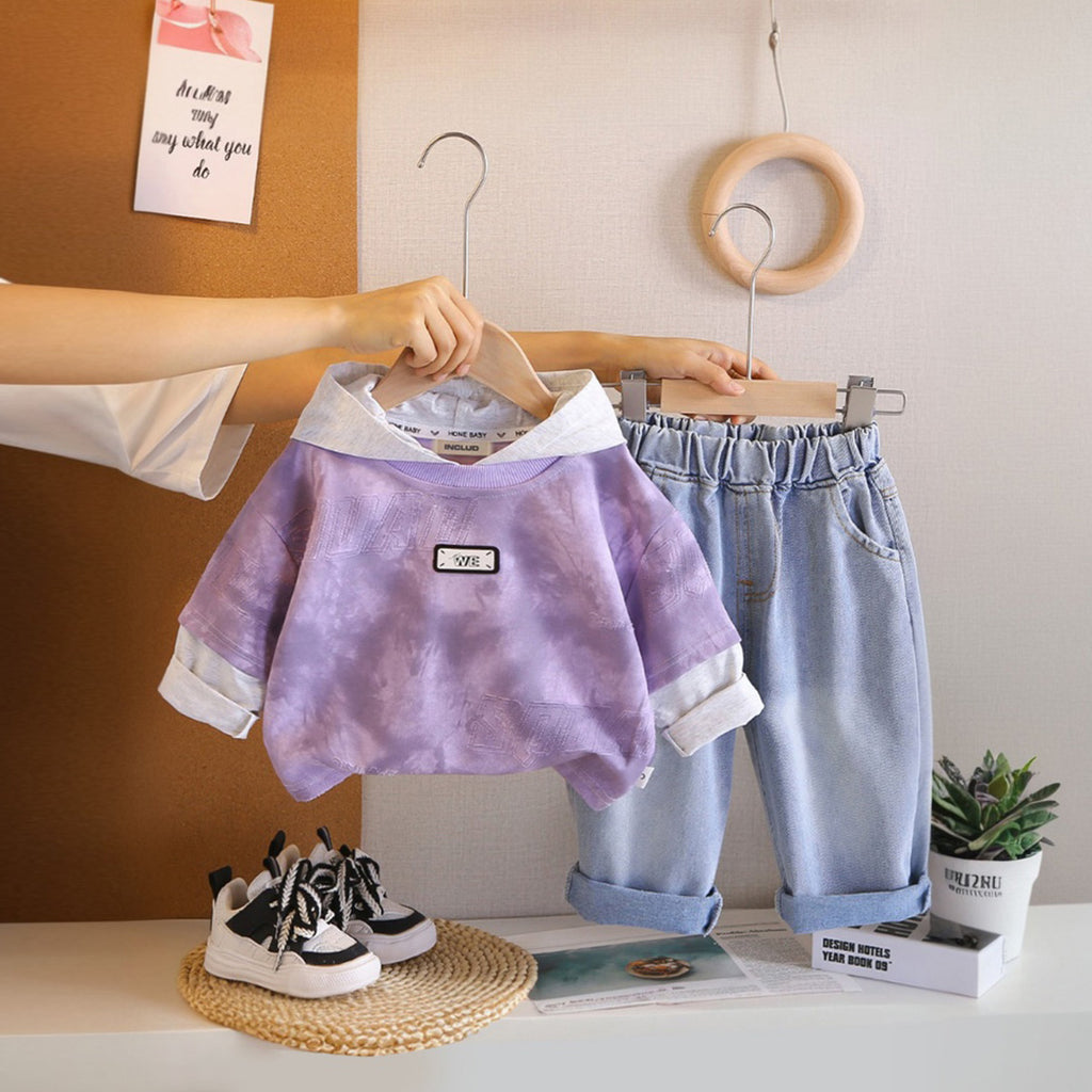 Boys Purple Abstract Printed Hooded Sweatshirt With Denim Trouser Sets 2 pc. Sets Purple 1-2 Y