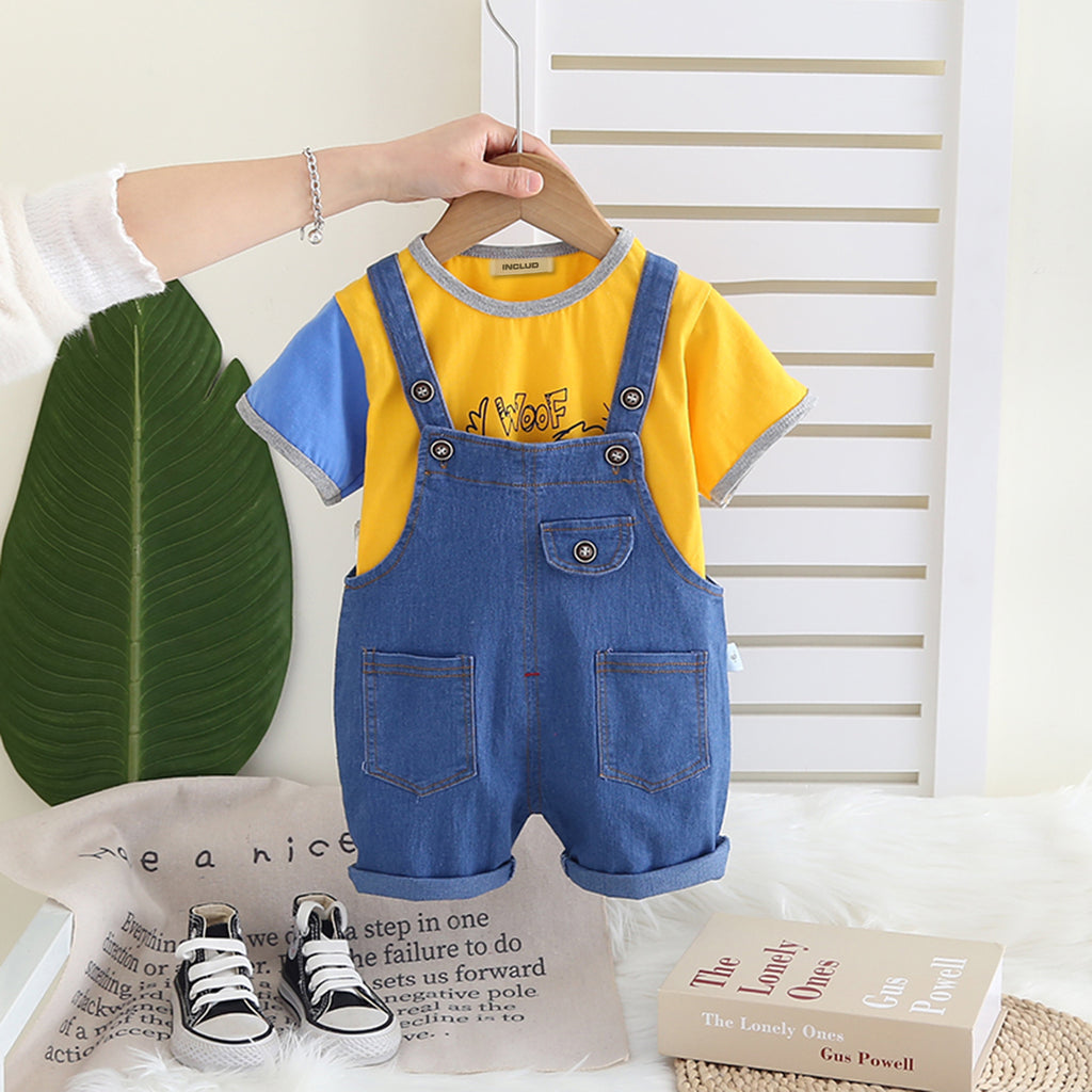 Boys Yellow Short Sleeves Round Neck T-Shirt With Denim Dungaree Set 2 pc. Sets Yellow 1-2 Y