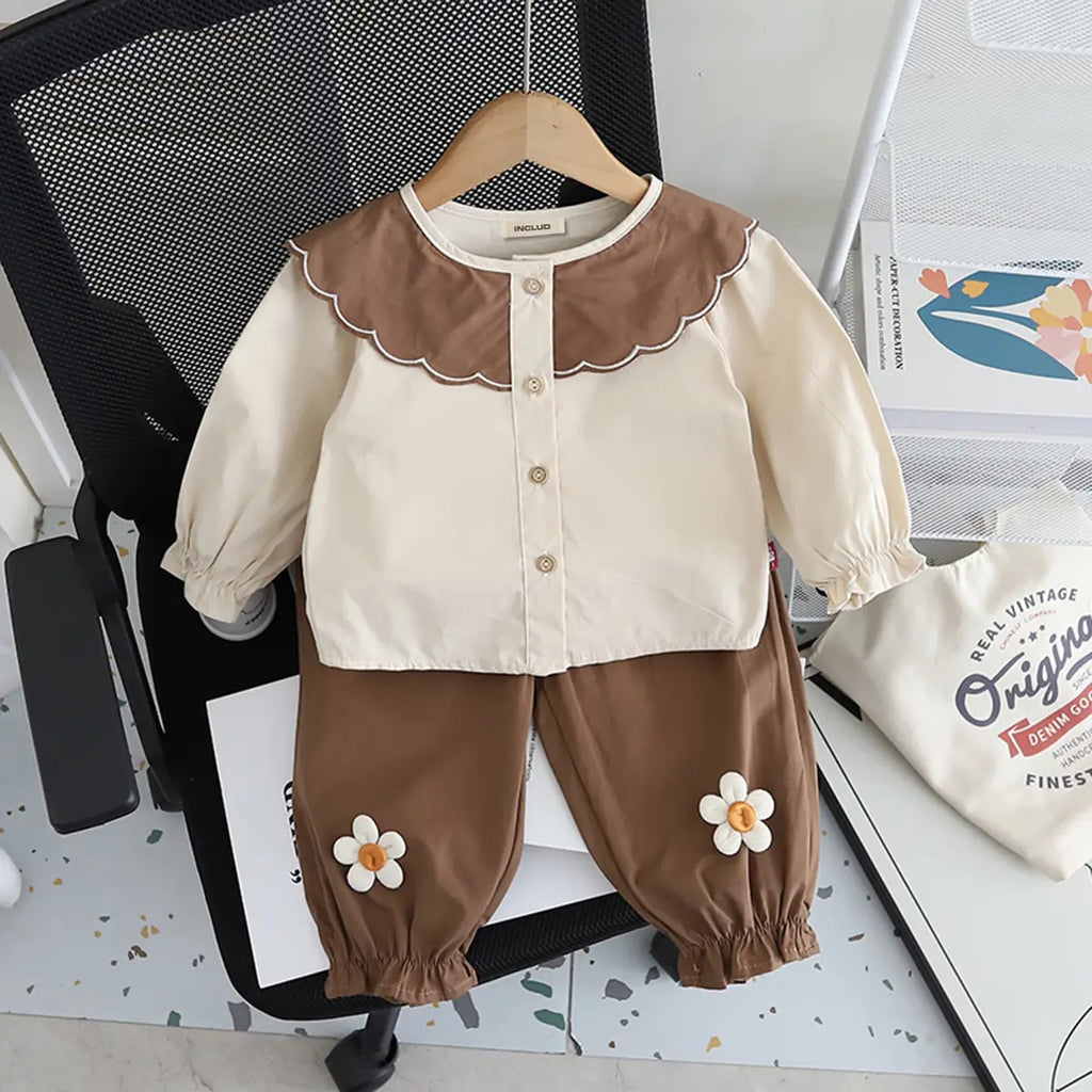 Girls Beige Puff Sleeves Top with Pants Set 2 pc. Sets Beige 1-2 Y