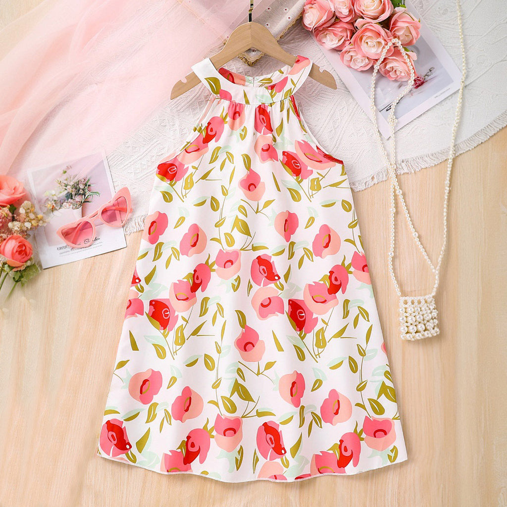 Girls White Floral Printed Halter Neck Casual Dress Casual Dresses White 3-4 Y