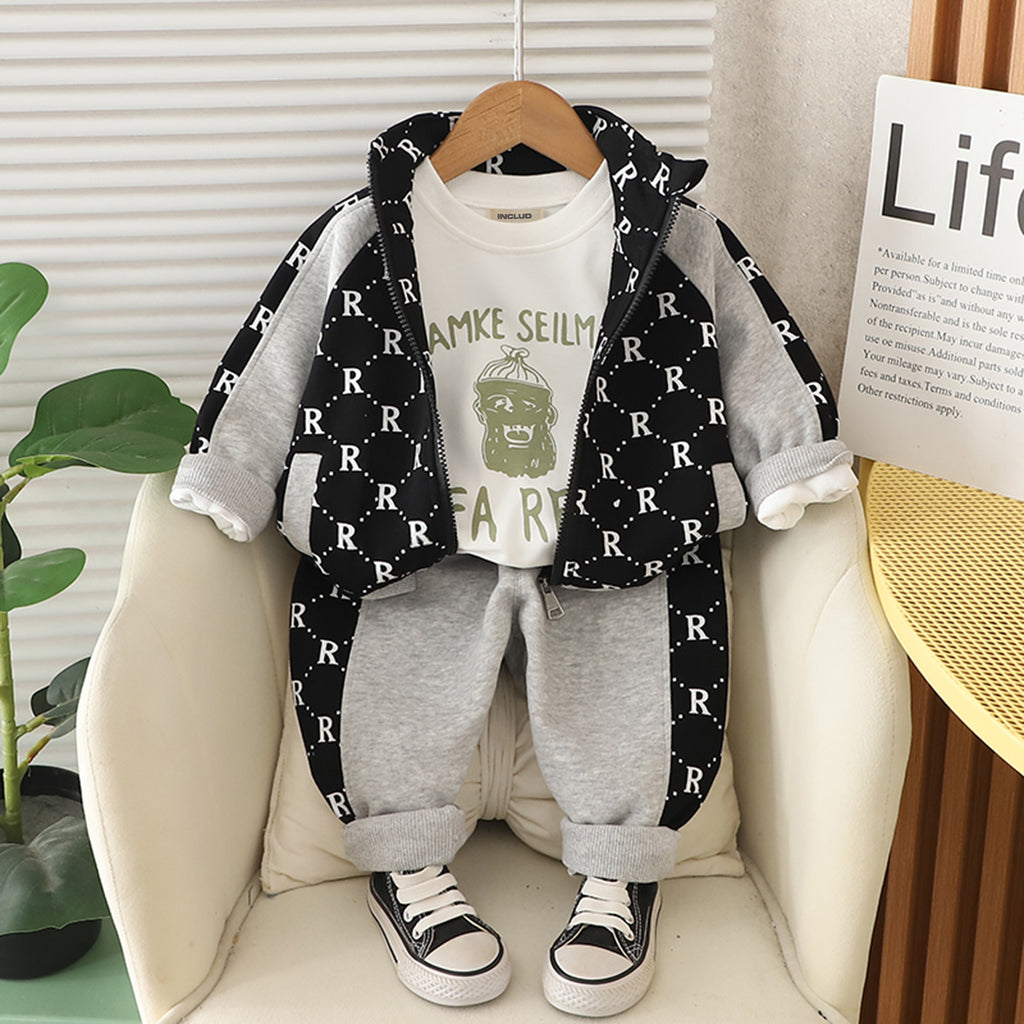 Boys Black Letter Printed Winter Sweatshirt With T-Shirt And Pants Set 3 pc. Sets Black 1-2 Y