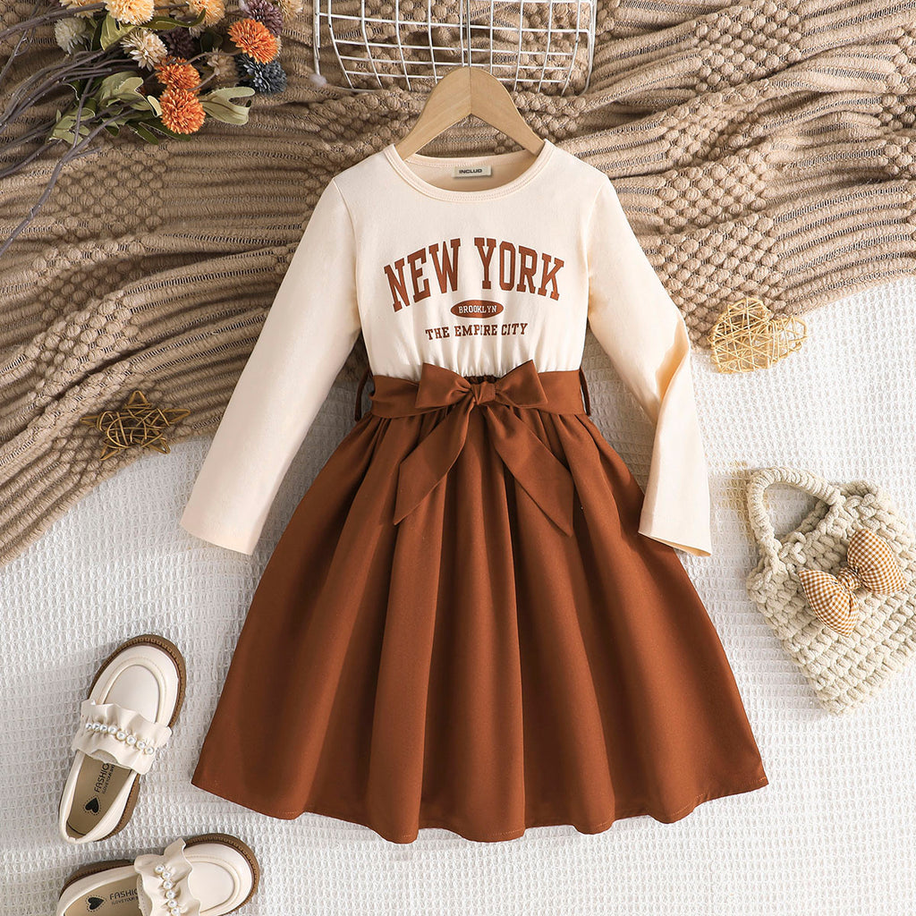 Girls Apricot Typographic Printed Fit & Flare Winter Casual Dress Casual Dresses Apricot 3-4 Y