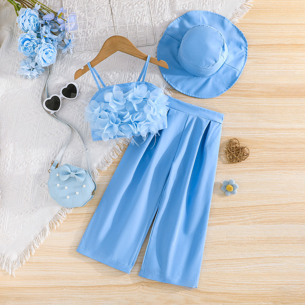 Girls Blue Camisole Applique Top With Hat And Trousers Set 3 pc. Sets Blue 2-3 Y