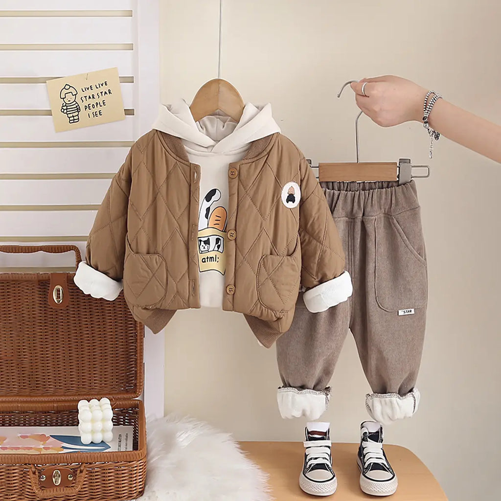 Boys Khaki Quilted Button-down Jacket With Hoodie & Jogger Sets Sets Khaki 1-2 Y