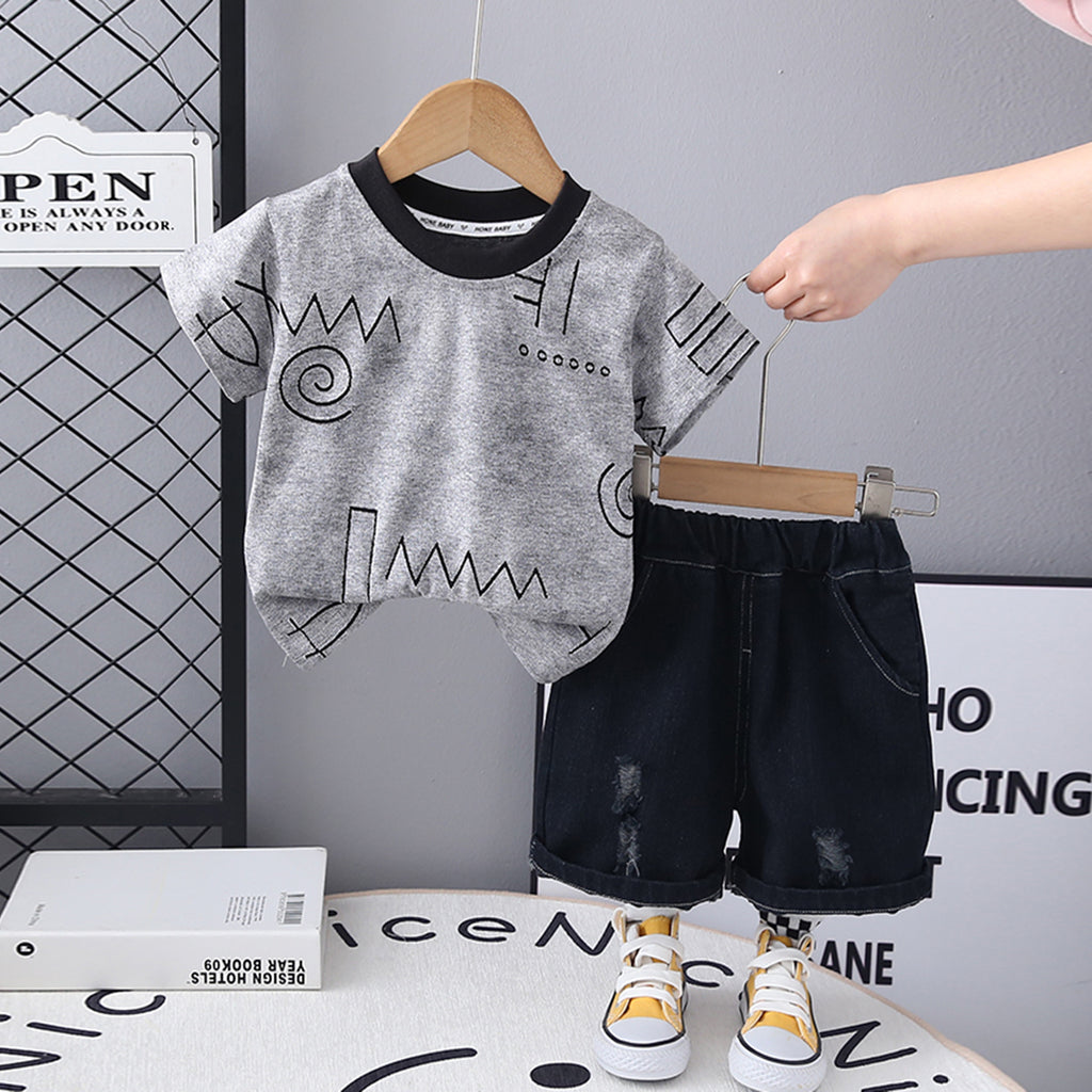 Boys Grey Short Sleeve Printed T-Shirt With Elasticated Short Set 2 pc. Sets Grey 1-2 Y