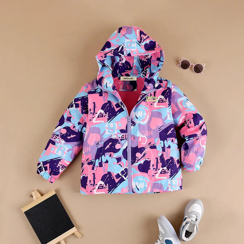 Girls Purple Abstract Printed Hooded Zipper Jacket Coats & Jackets Purple 3-4 Y