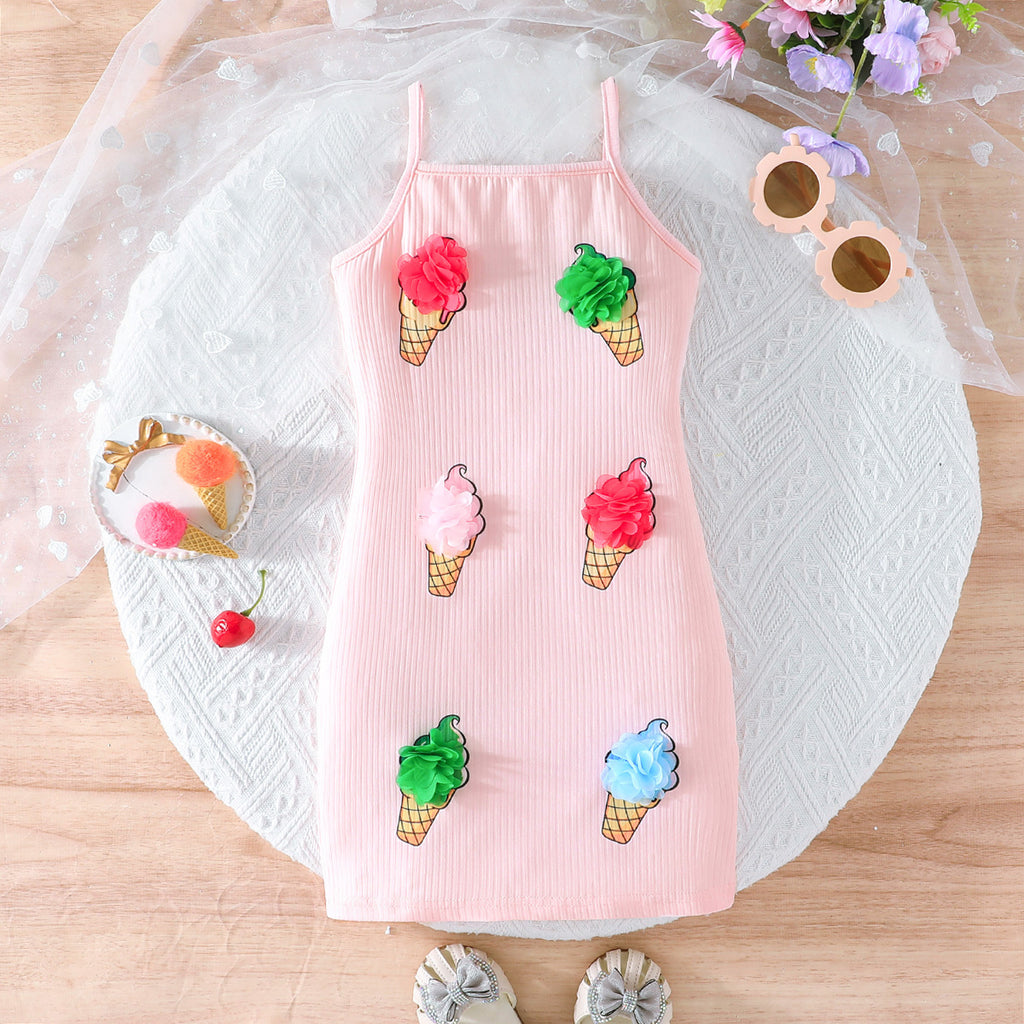 Girls Light Pink Ice-cream Printed Sleeveless Bodycon Dress Casual Dresses Light Pink 2-3 Y