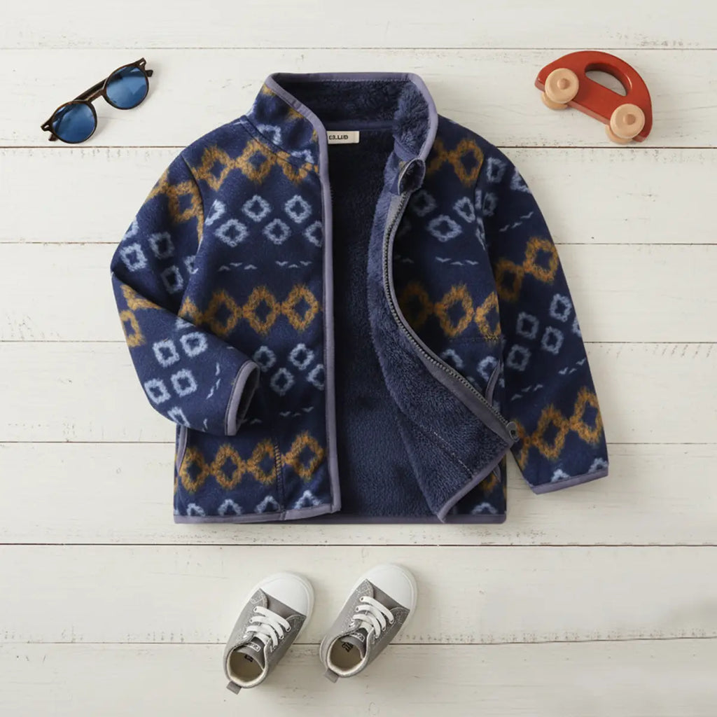 Boys Blue Fleece Zip-up Jacket With Self-Design Geometric Patterns Coats & Jackets Blue 1-2 Y