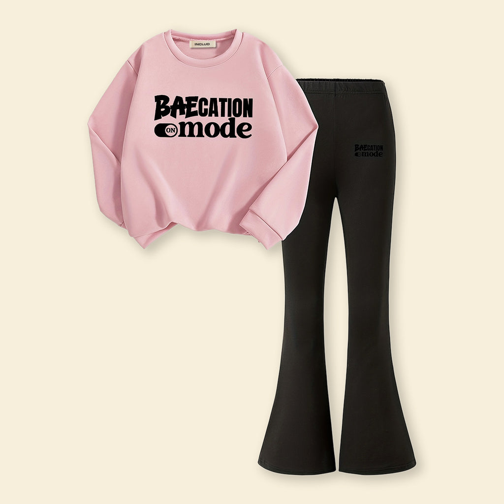 Girls Pink Typographic Printed Sweatshirt With Flared Pants Sets 2 pc. Sets Pink 7-8 Y