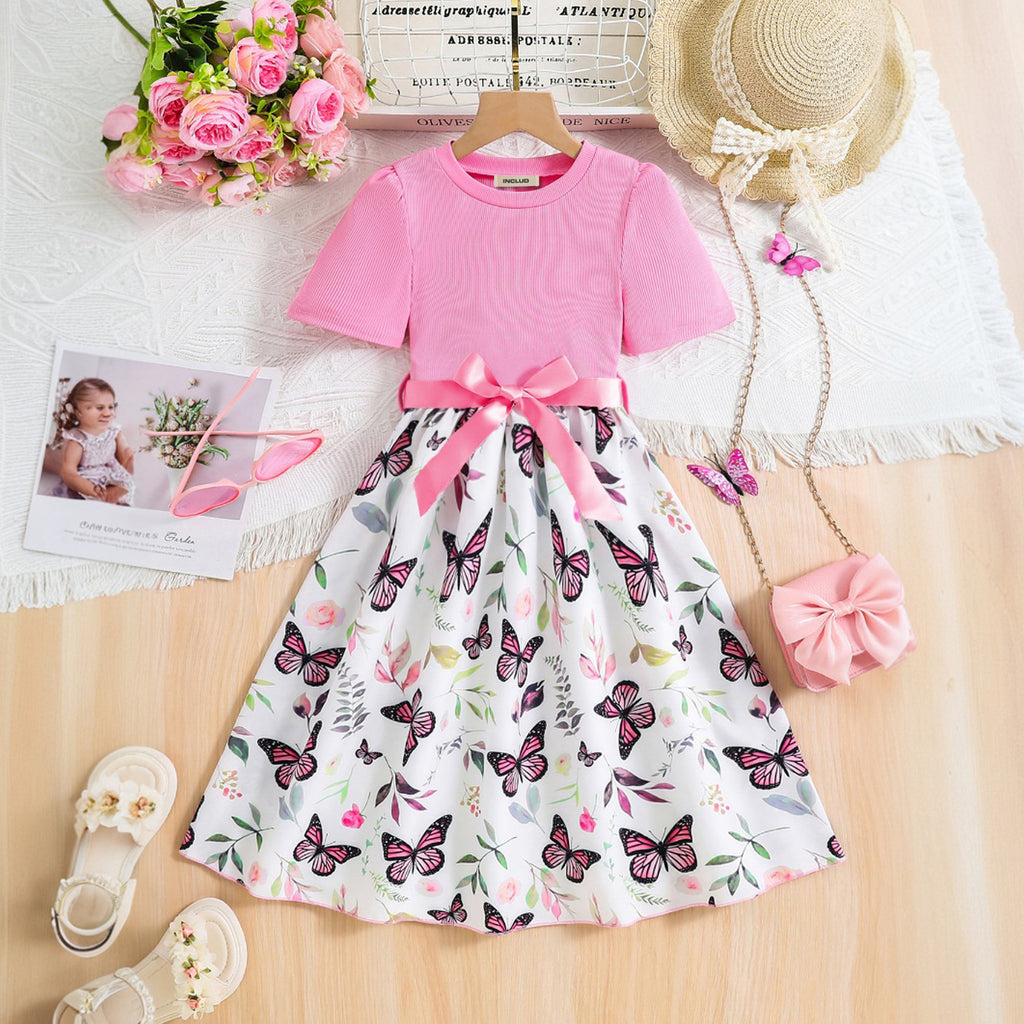 Girls Pink Butterfly Printed Short Sleeves Fit And Flared Dress Casual Dresses Pink 3-4 Y