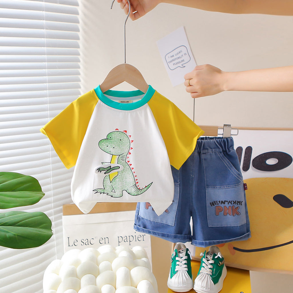 Boys Yellow Dinosaur Printed Raglan Sleeves T-Shirt With Denim Shorts Set 2 pc. Sets Yellow 1-2 Y
