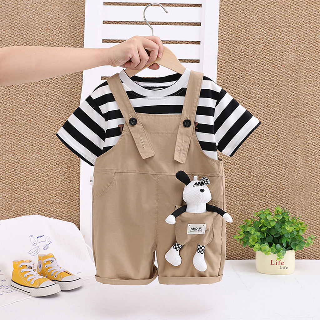 Boys Black Stripes Short Sleeve T-Shirt And Dungaree Set With Teddy Applique 2 pc. Sets Black 1-2 Y