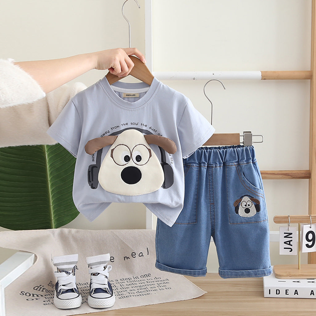 Boys Light Blue Appliqued Short Sleeves T-Shirt With Denim Shorts Set 2 pc. Sets Light Blue 1-2 Y