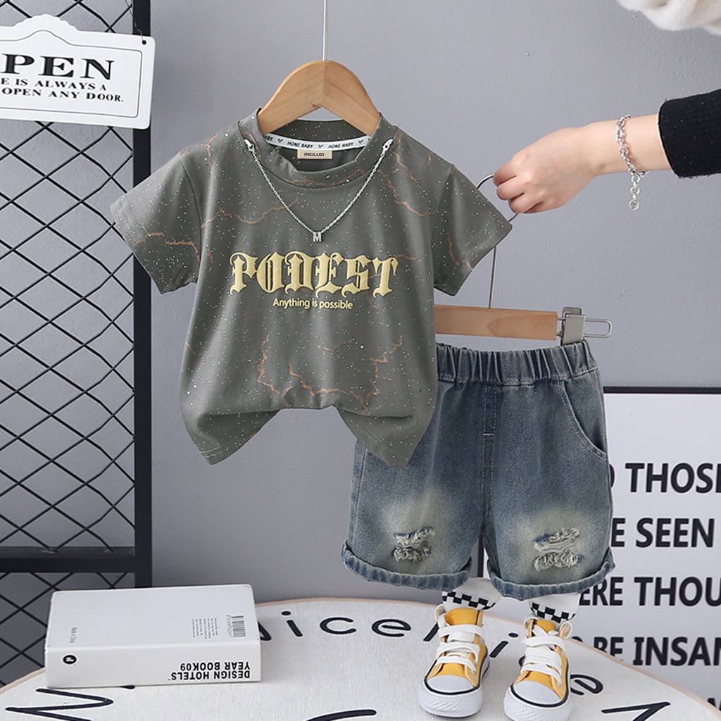Boys Brown Short Sleeve Printed T-Shirt With Neck Chain And Denim Shorts Set 3 pc. Sets Brown 1-2 Y