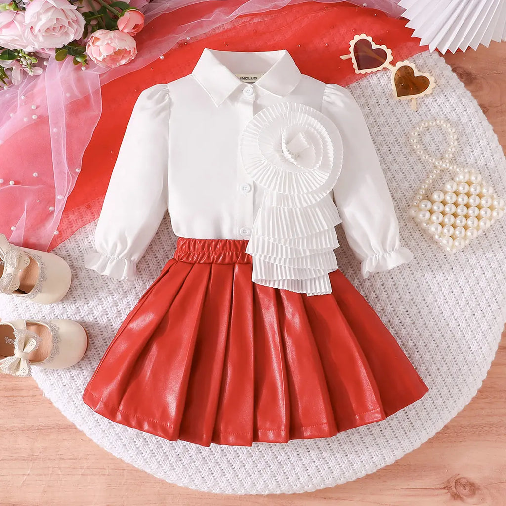 Girls Ruffle Applique Top With Red Faux Leather Pleated Skirt Sets Sets Red 1-2 Y